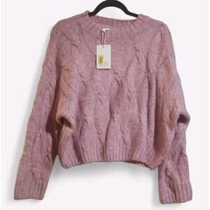 GB Sweater Women's S Pink Crop Pullover Cable Knit Top FLUFFY SOFT SLOUCHY Cozy